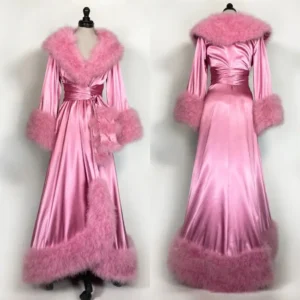 Women's Bathrobe Evening Dresses Feather Elastic Silk Pink Nightgown Pajamas Sleepwear Lingerie Women Occasions Gowns Housecoat