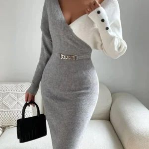 Women's Dress Colorblock Button Decor Long Sleeve Knit Dress Sexy Tight Fitting Hip Hugging Temperament Commuting Casual Dress
